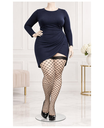 Plus size black fishnet thigh high stockings on a womens fashion model in an everyday lifestyle scene 1