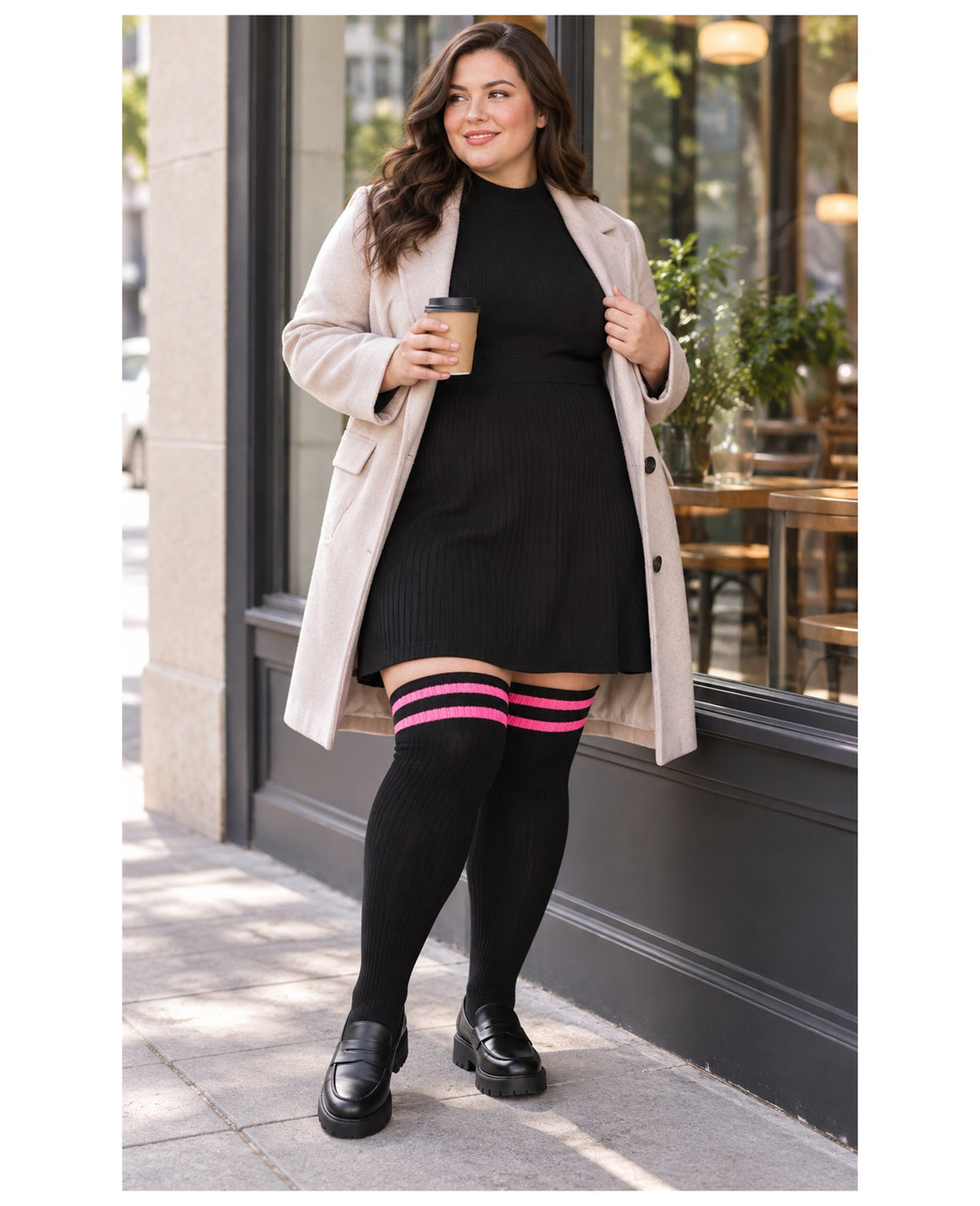 Plus size black and bright pink striped ribbed knit thigh high stockings on a womens fashion model in an everyday lifestyle scene 2