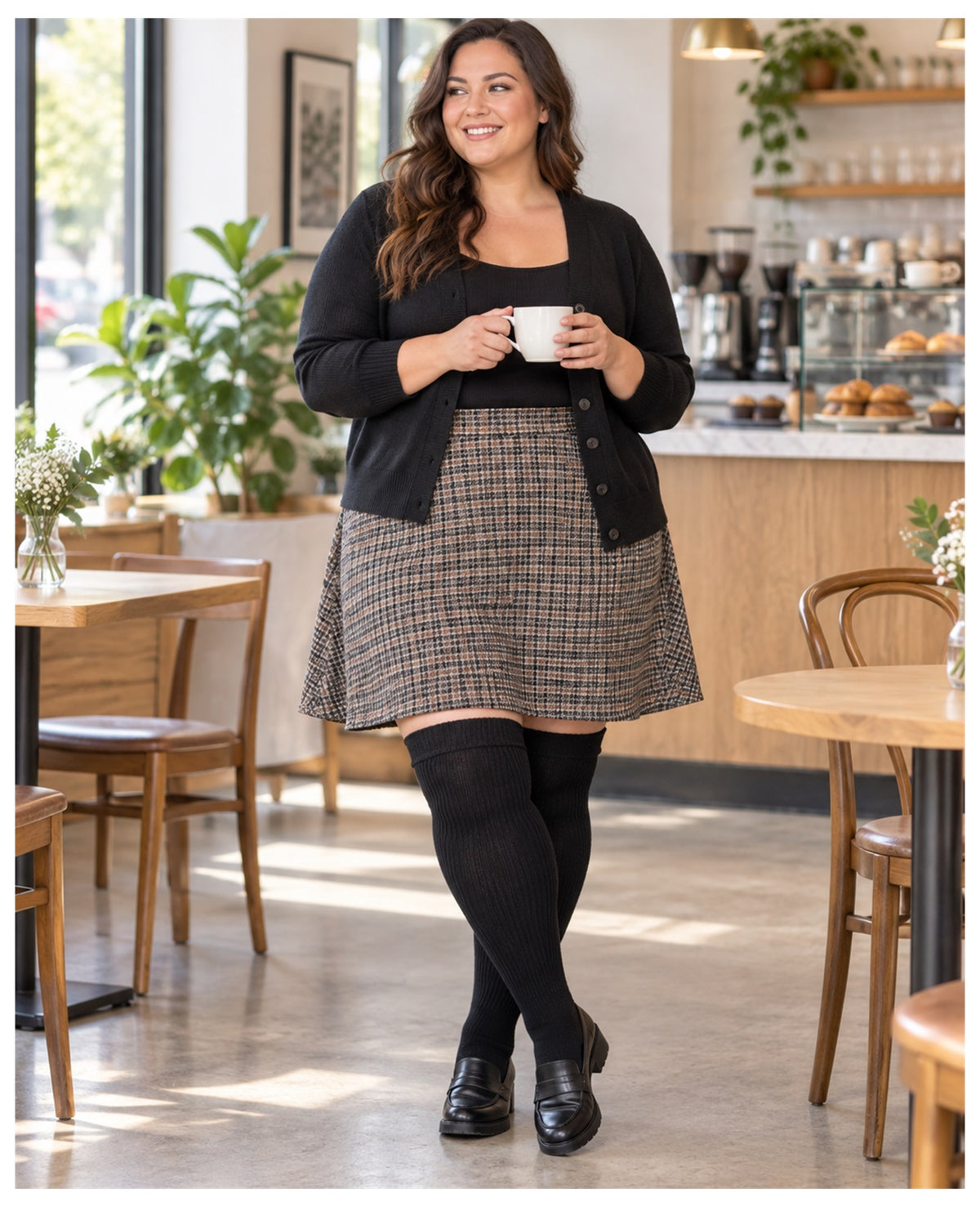 Plus size black ribbed knit thigh high stockings on a womens fashion model in an everyday lifestyle scene 1