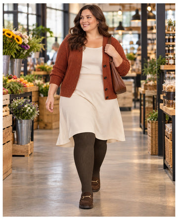 Plus size coffee brown ribbed knit thigh high stockings on a womens fashion model in an everyday lifestyle scene 1