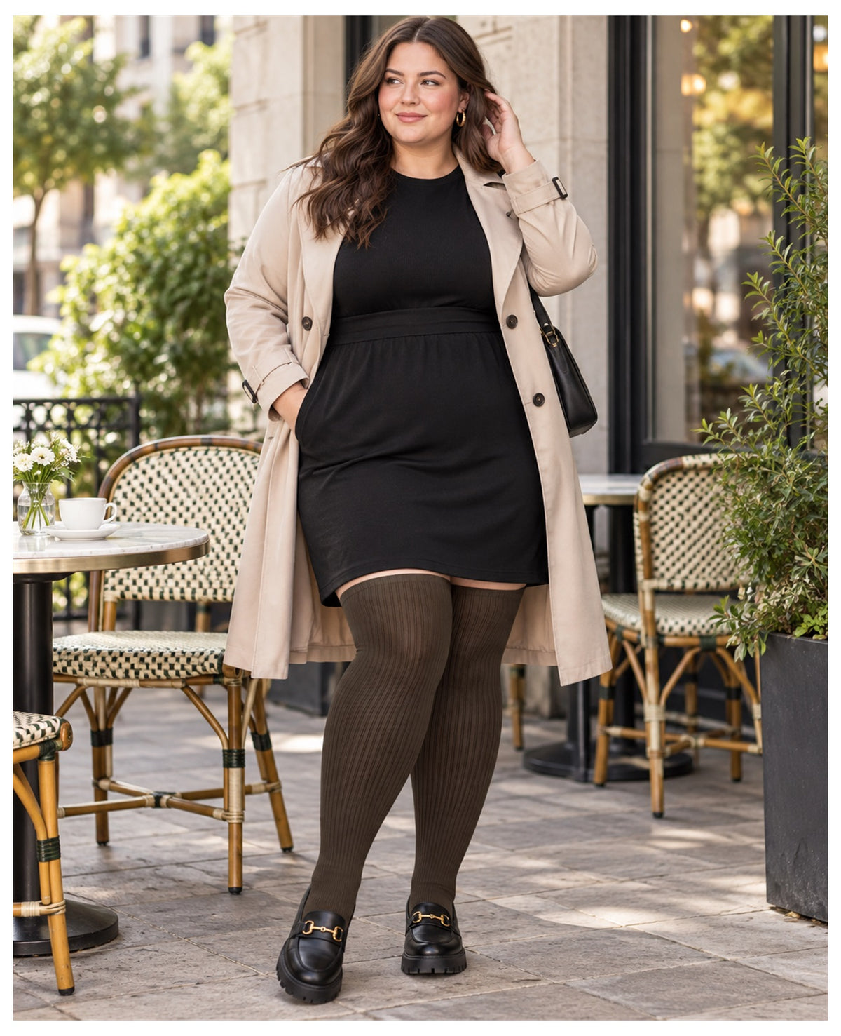 Plus size coffee brown ribbed knit thigh high stockings on a womens fashion model in an everyday lifestyle scene 2