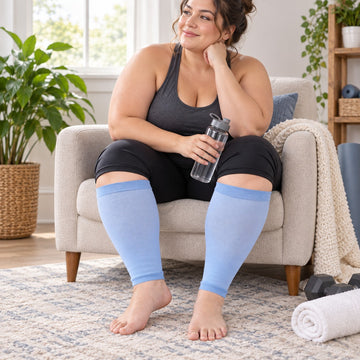 Plus Size Compression Leg Sleeves - Baby Blue plus-size female model lifestyle scene 01, original product texture preserved
