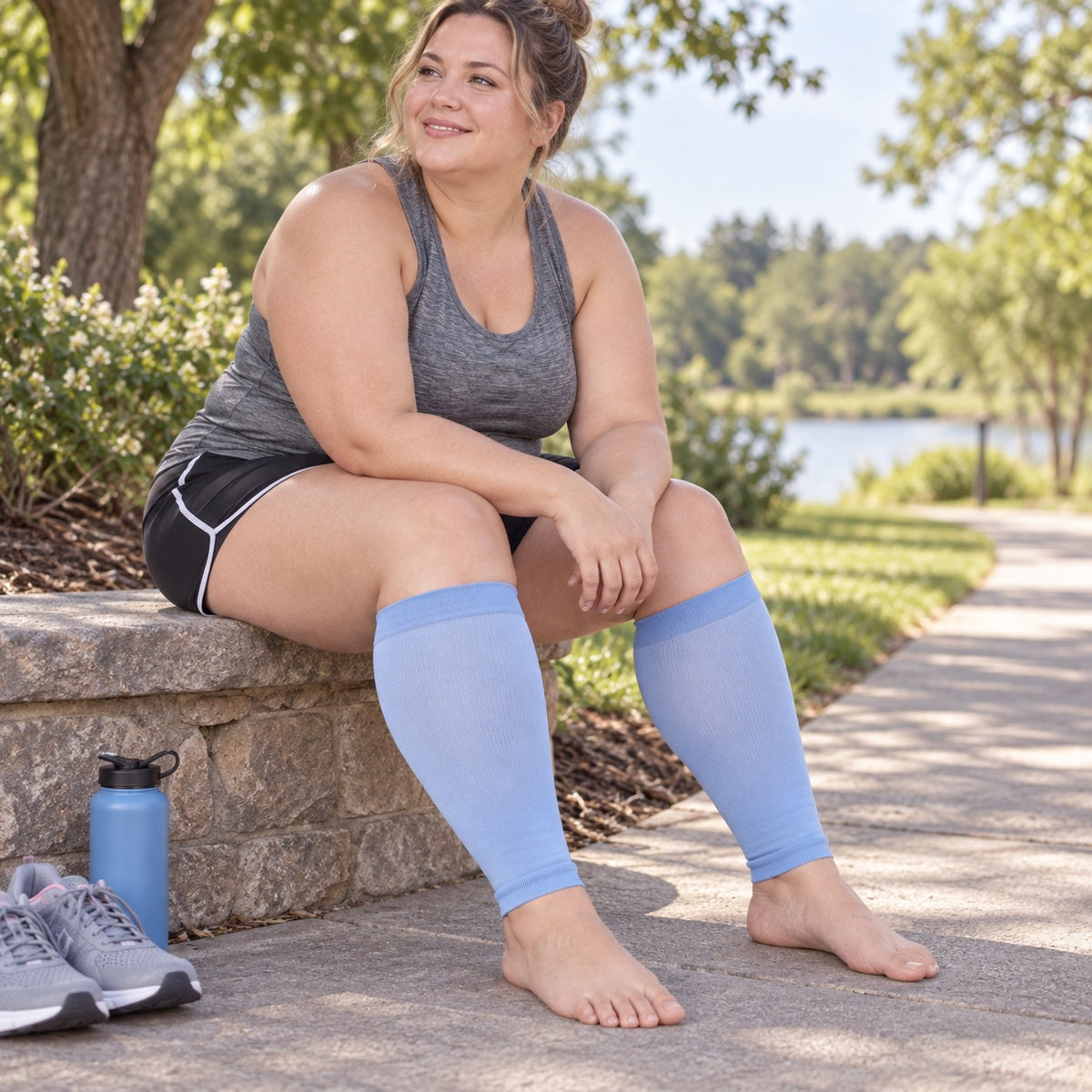 Plus Size Compression Leg Sleeves - Baby Blue plus-size female model lifestyle scene 02, original product texture preserved