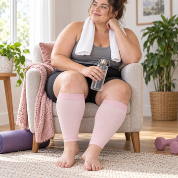 Plus Size Compression Leg Sleeves - Baby Pink plus-size female model lifestyle scene 01, original product texture preserved