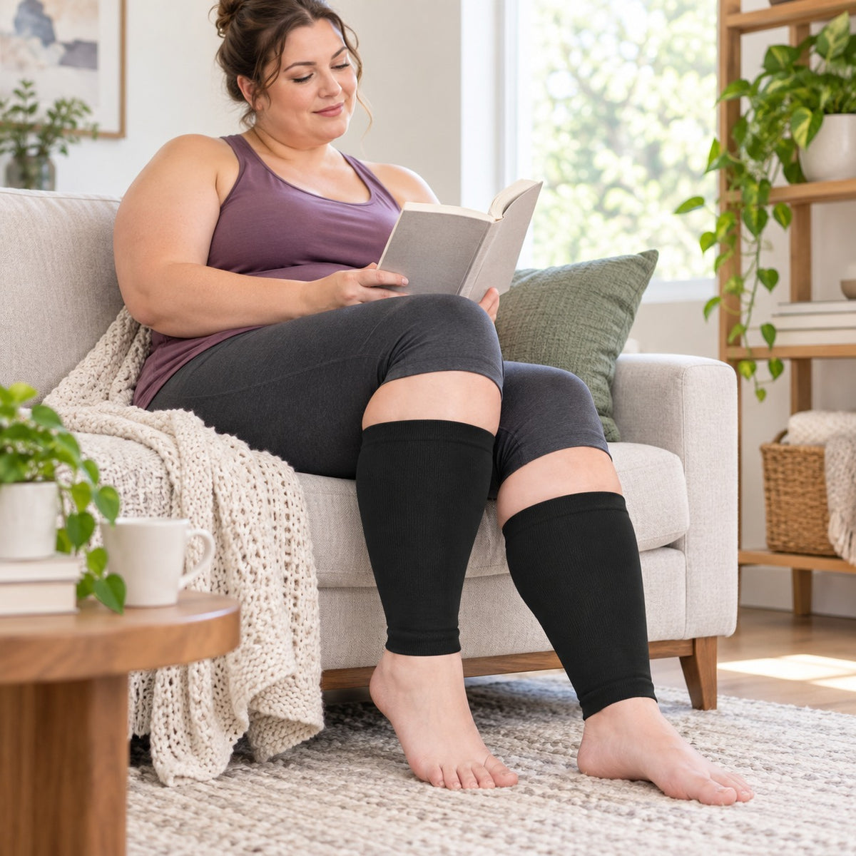 Plus Size Compression Leg Sleeves - Black plus-size female model lifestyle scene 01, original product texture preserved