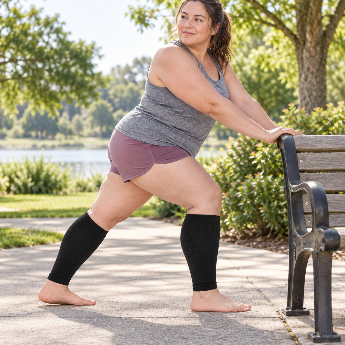 Plus Size Compression Leg Sleeves - Black plus-size female model lifestyle scene 02, original product texture preserved