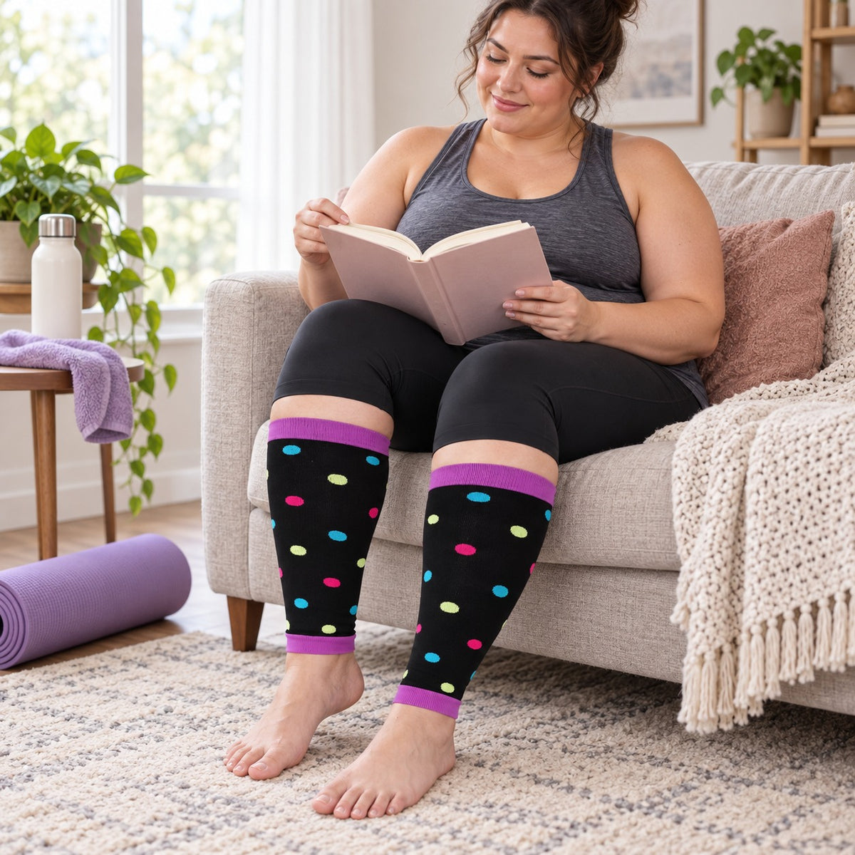 Plus Size Compression Leg Sleeves - Purple Dot plus-size female model lifestyle scene 01, original product texture preserved