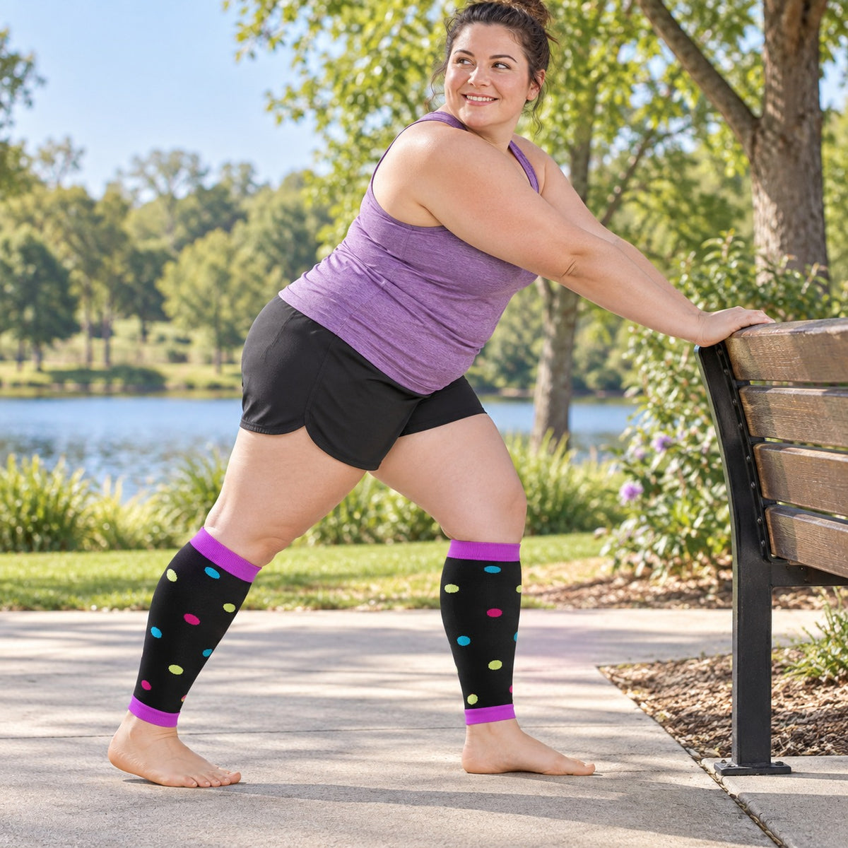 Plus Size Compression Leg Sleeves - Purple Dot plus-size female model lifestyle scene 02, original product texture preserved