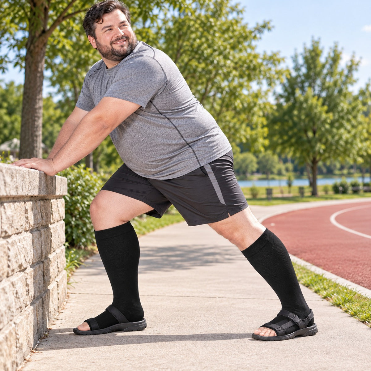 Plus Size Compression Socks Open Toe for Women& Men-Black plus-size male model sports scene 02; open toe construction and original product texture preserved