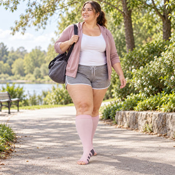 Plus Size Compression Socks Open Toe for Women& Men-Baby Pink plus-size female model lifestyle scene 02, original product texture preserved