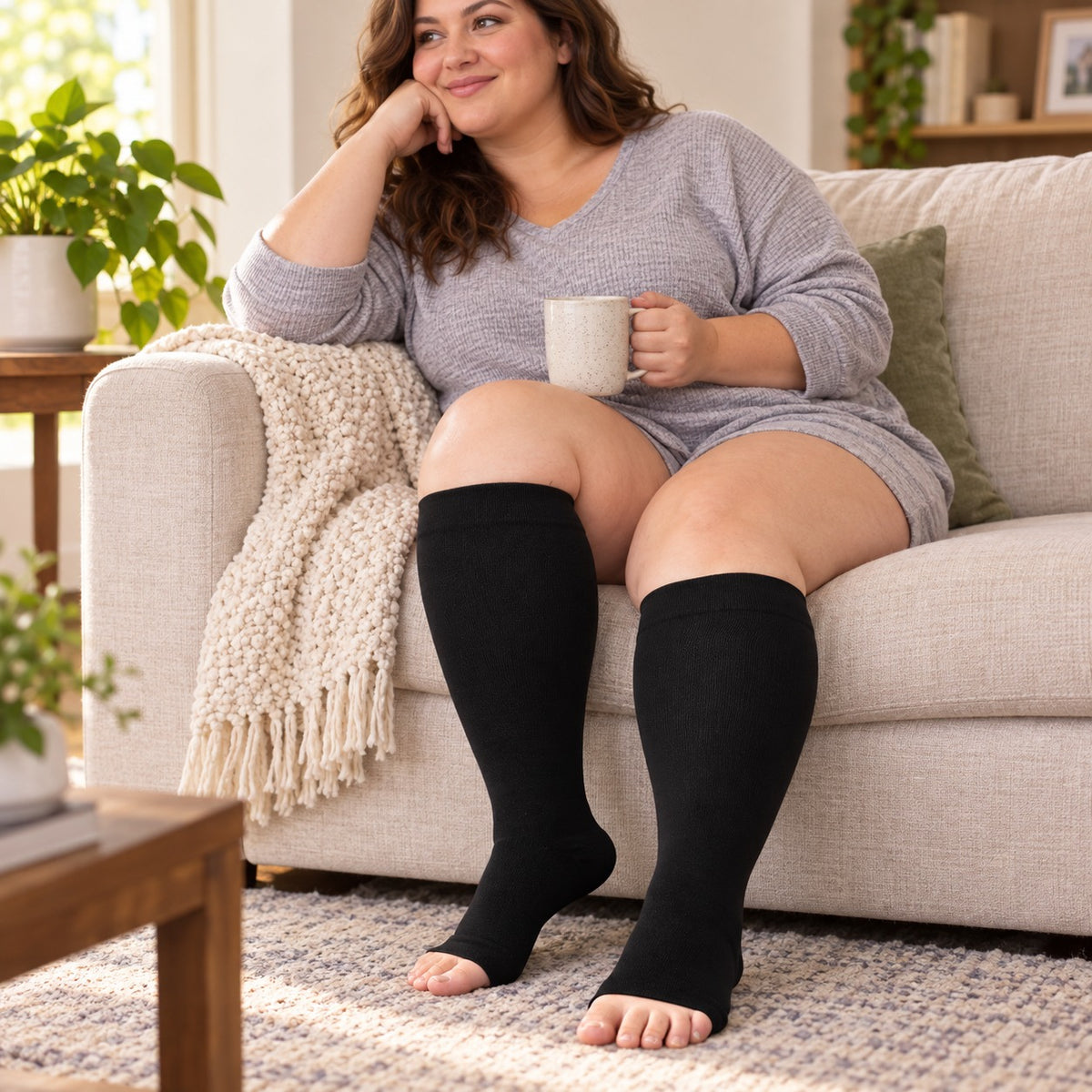 Plus Size Compression Socks Open Toe for Women& Men-Black plus-size female model lifestyle scene 01, original product texture preserved