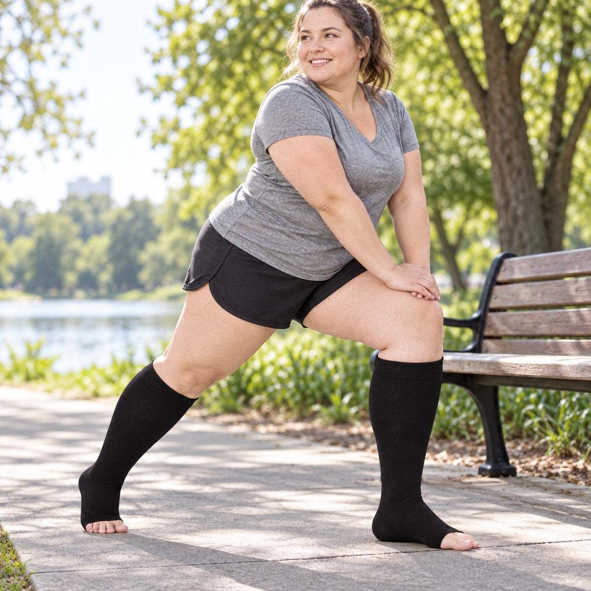 Plus Size Compression Socks Open Toe for Women& Men-Black plus-size female model lifestyle scene 02, original product texture preserved