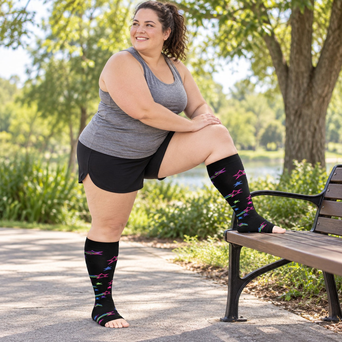 Plus Size Compression Socks Open Toe for Women& Men-Meteor plus-size female model lifestyle scene 02, original product texture preserved