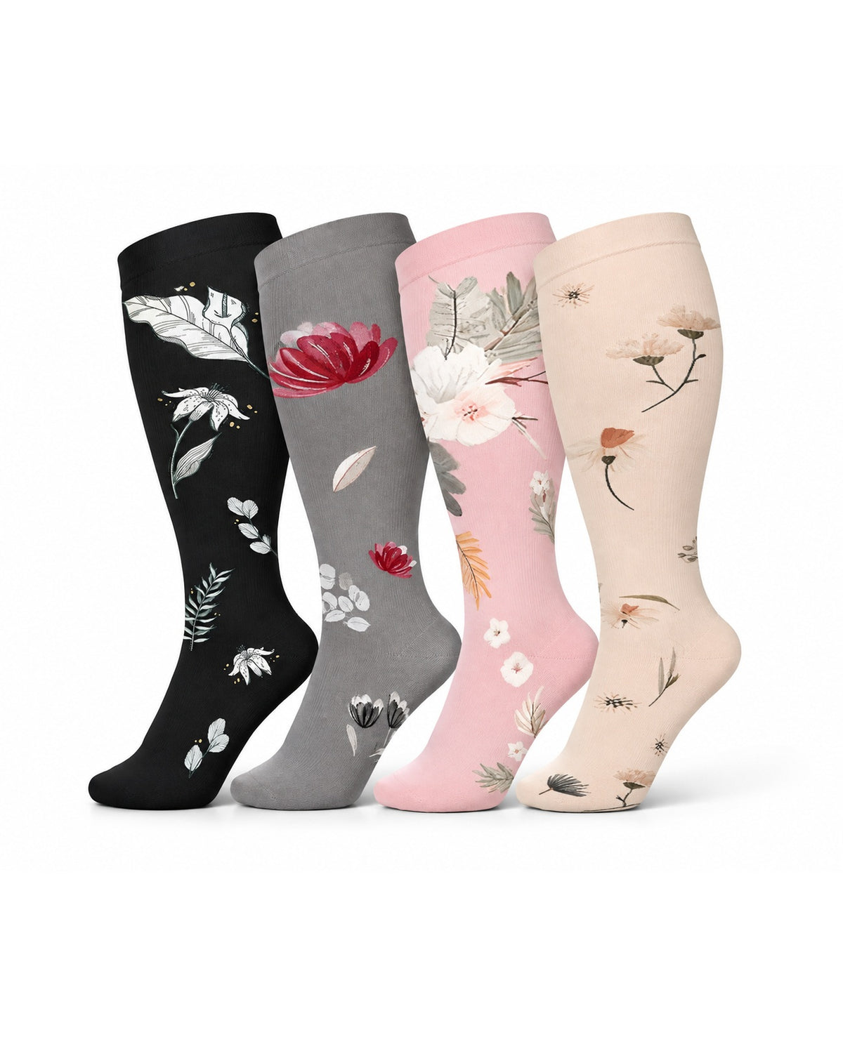 Plus Size Extra Wide Compression Socks 4 Pair Bundle - Floral Contrast four pair bundle white background product hero