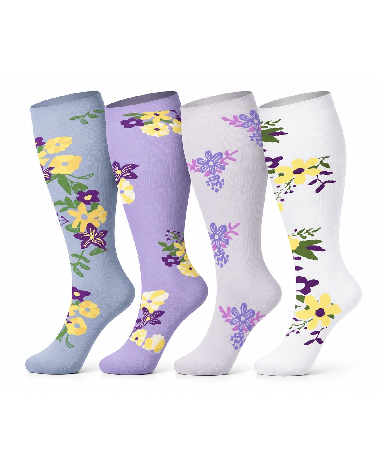 Plus Size Extra Wide Compression Socks 4 Pair Bundle - Garden Flowers four pair bundle white background product hero