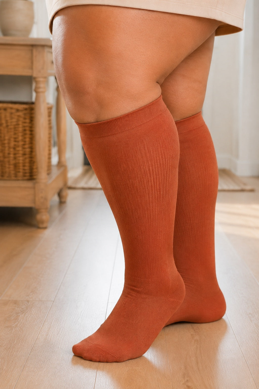 Plus Size Extra Wide Compression Socks 4 Pair Bundle - Brick Red Essentials plus size AI model scene wearing Brick Red variant