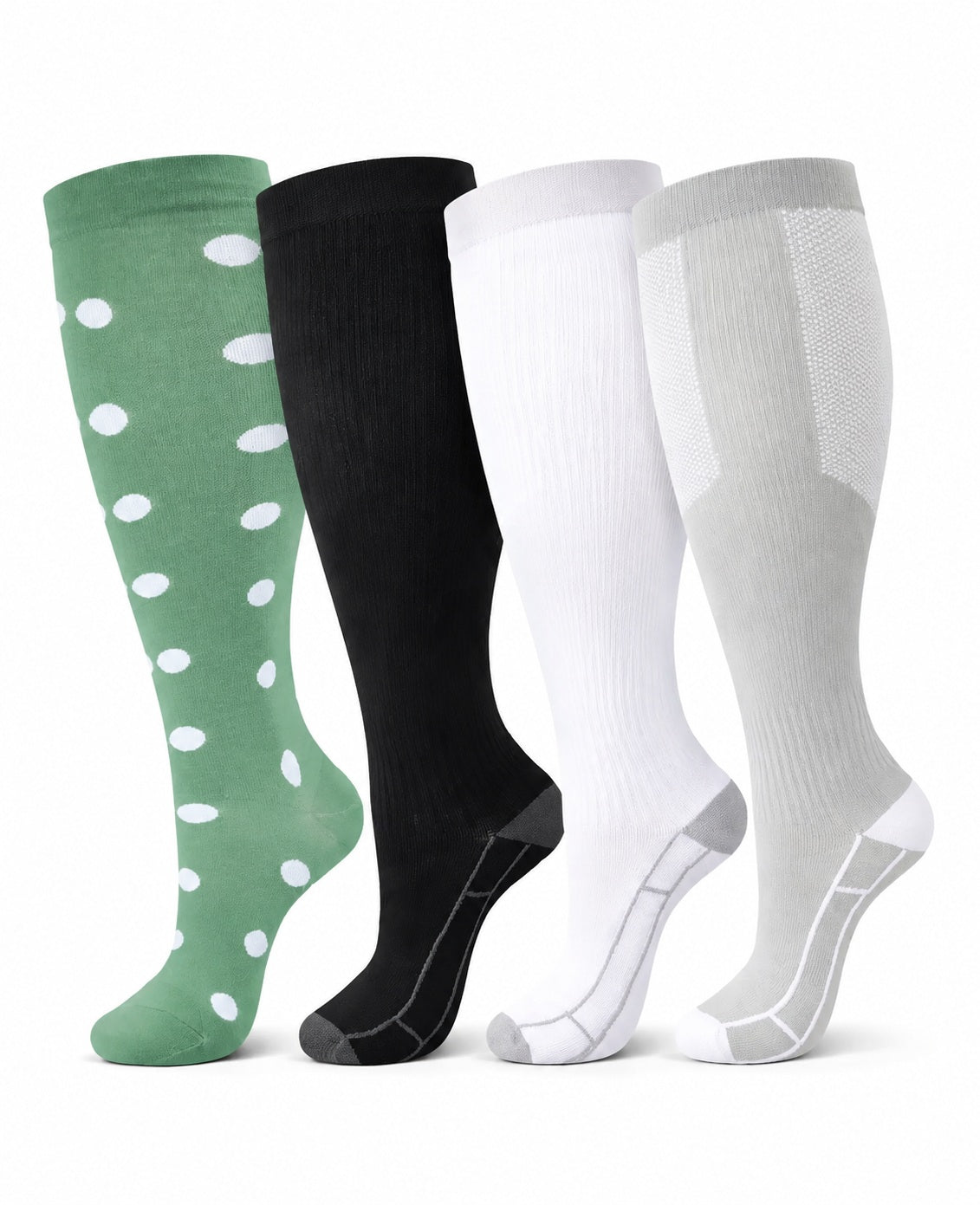 Plus Size Extra Wide Compression Socks 4 Pair Bundle - Green Gradient Mix four pair assorted color AI product hero on white background