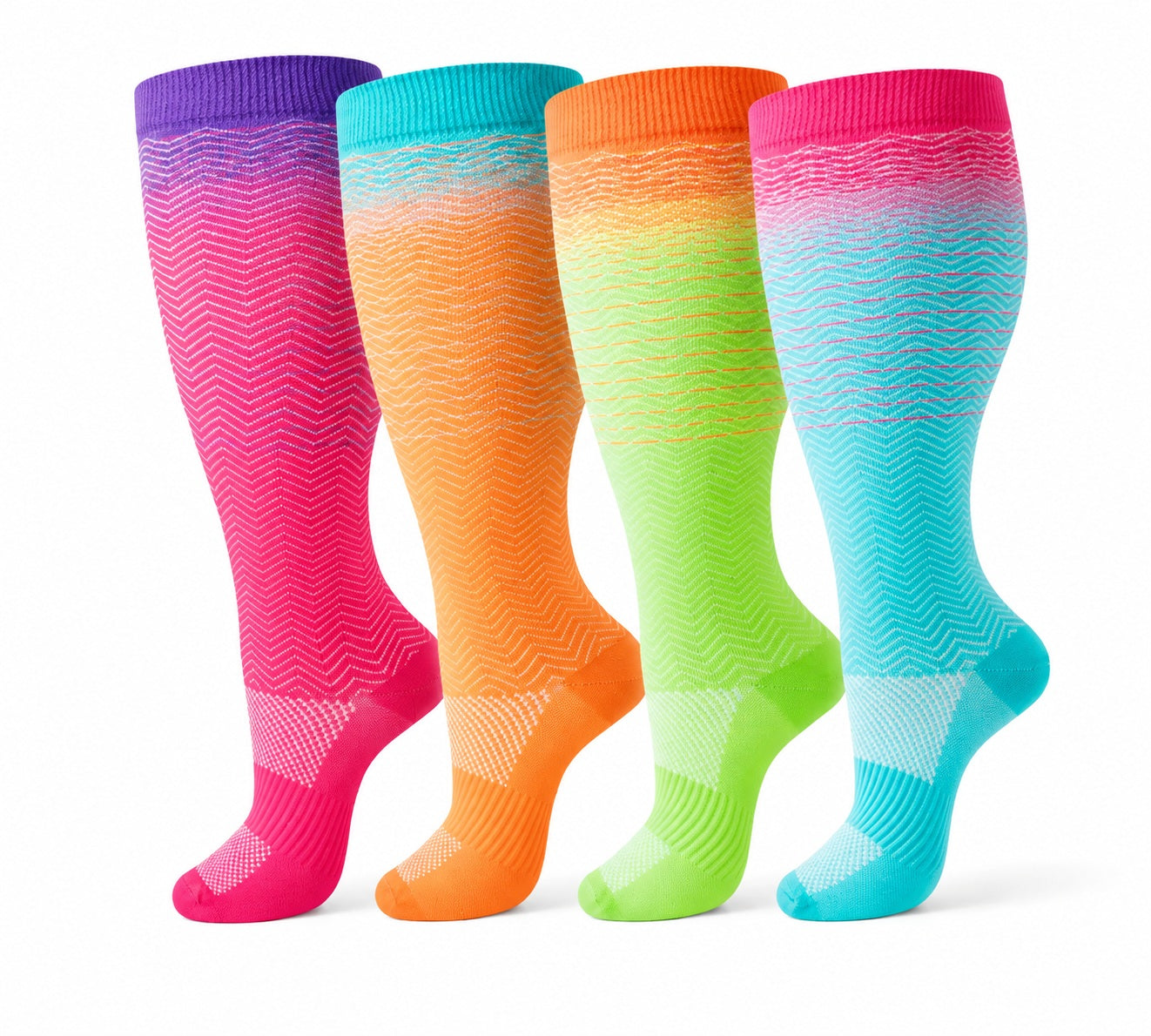 Plus Size Extra Wide Compression Socks 4 Pair Bundle - Rainbow Gradient four pair assorted color AI product hero on white background