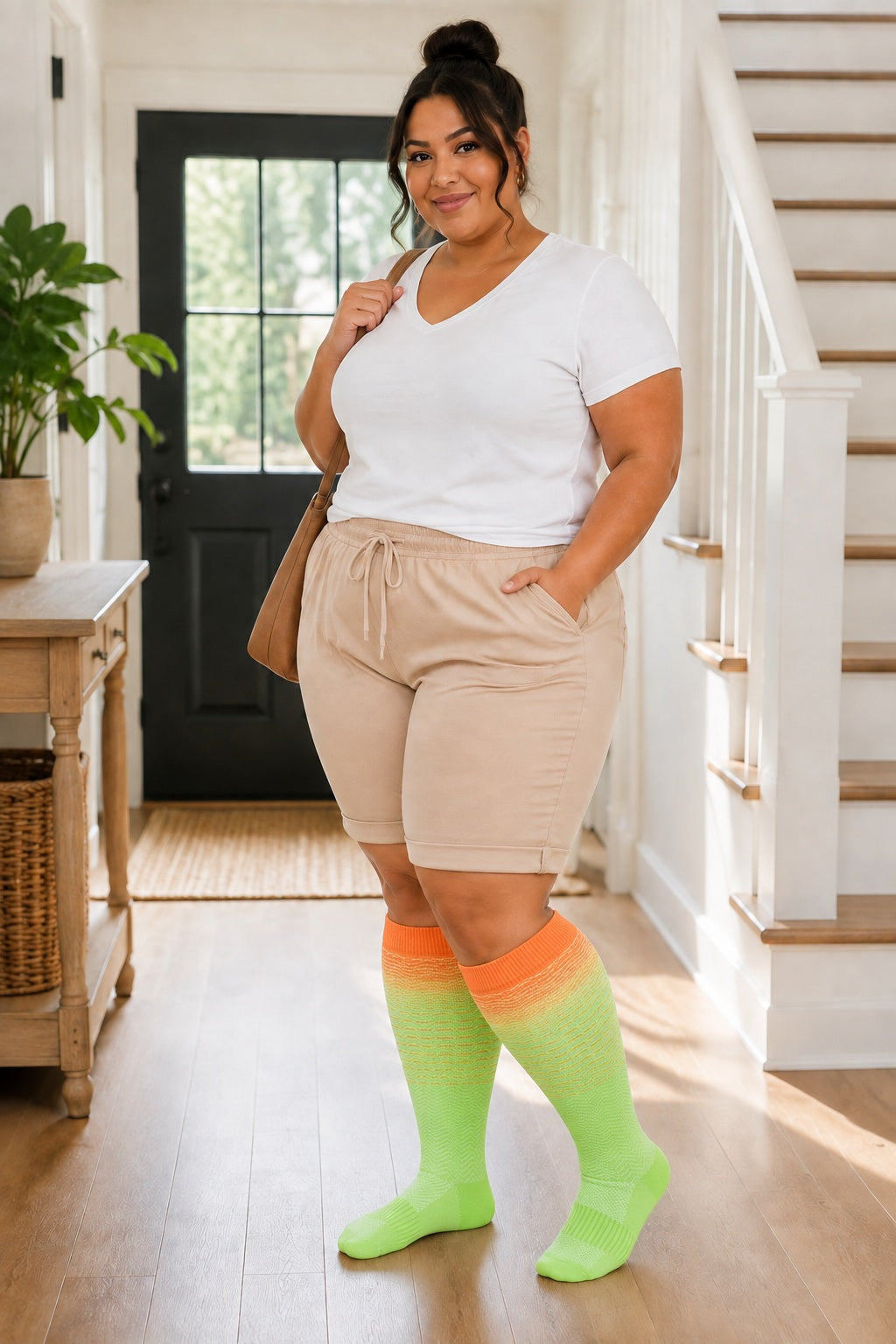 Plus Size Extra Wide Compression Socks 4 Pair Bundle - Rainbow Gradient plus size AI model scene wearing Neon Green Rainbow Gradient variant