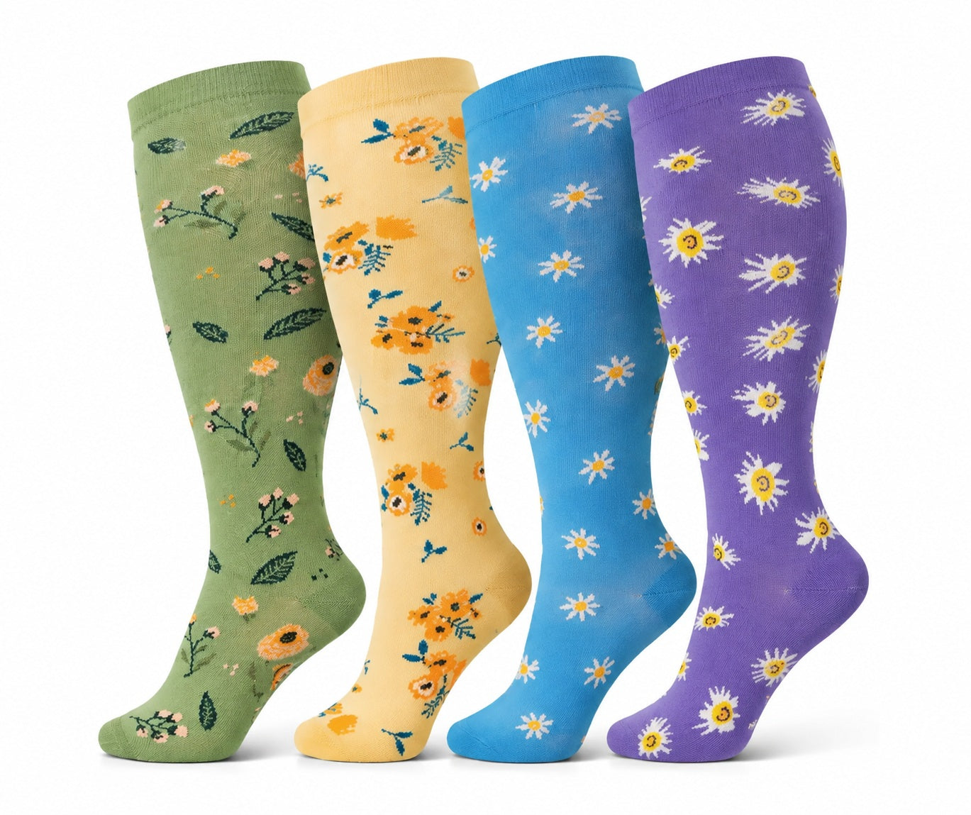 Plus Size Extra Wide Compression Socks 4 Pair Bundle - Sunflower Colors four pair assorted color AI product hero on white background