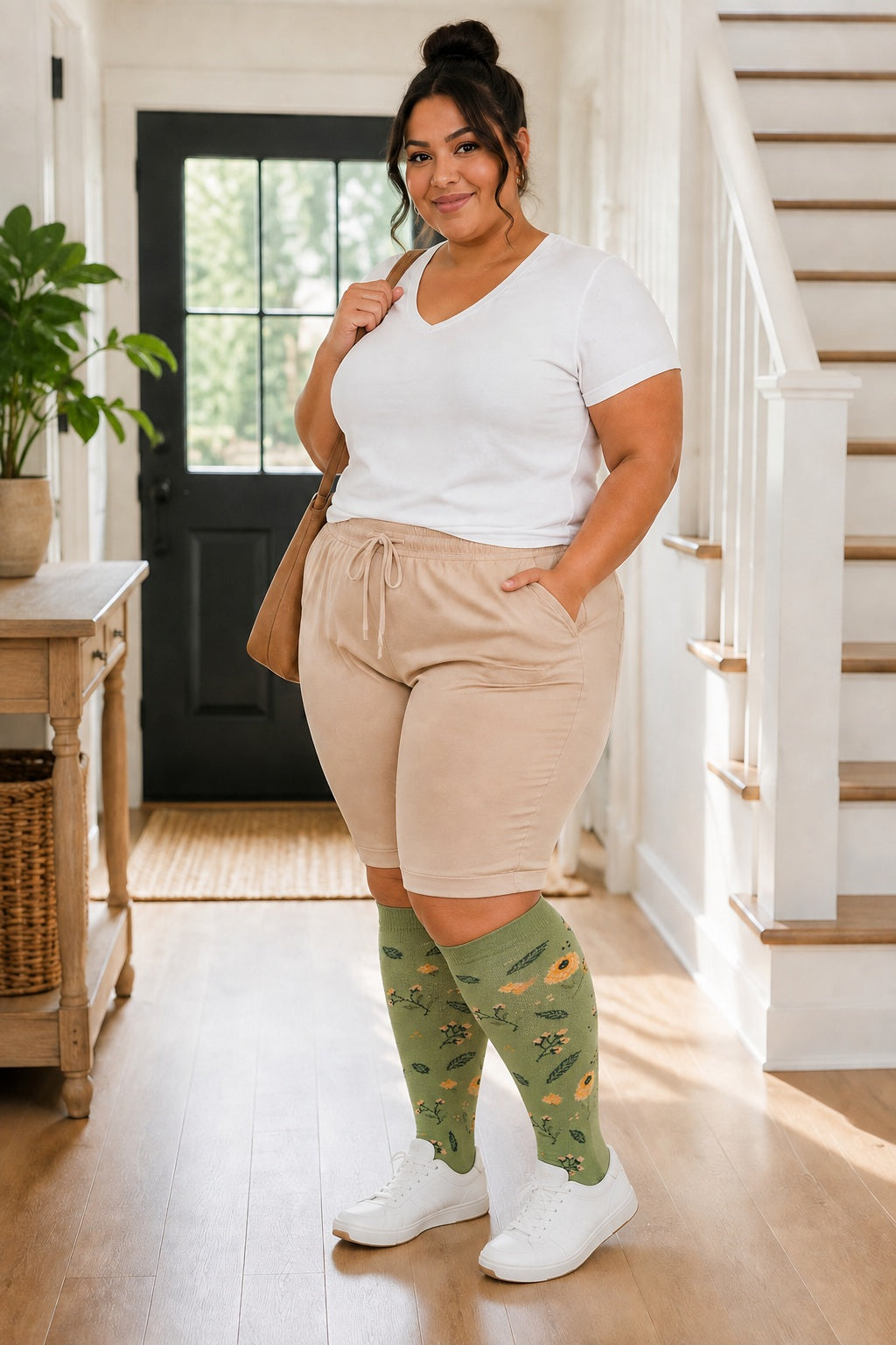Plus Size Extra Wide Compression Socks 4 Pair Bundle - Sunflower Colors plus size AI model scene wearing Green Sunflower variant
