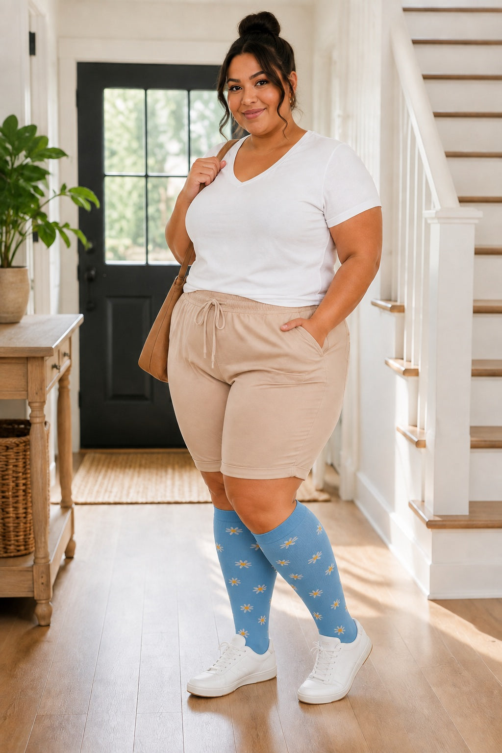 Plus Size Extra Wide Compression Socks 4 Pair Bundle - Sunflower Colors plus size AI model scene wearing Blue Sunflower variant