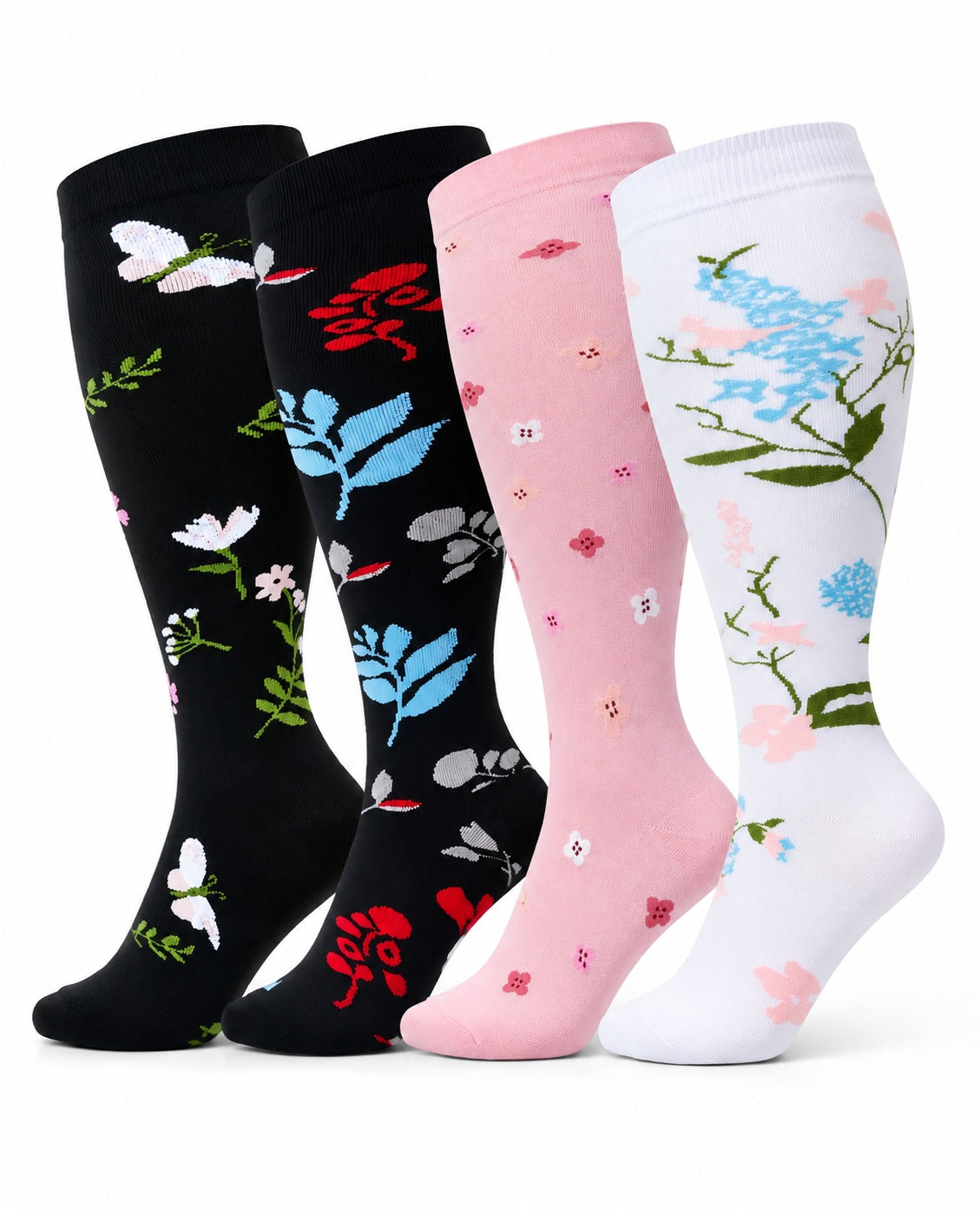Plus Size Extra Wide Compression Socks 4 Pair Bundle - Butterfly Floral four pair assorted color AI product hero on white background