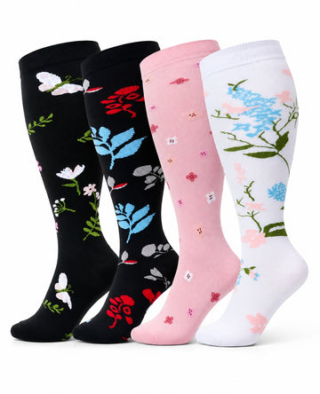 Plus Size Extra Wide Compression Socks 4 Pair Bundle - Butterfly Floral four pair assorted color AI product hero on white background