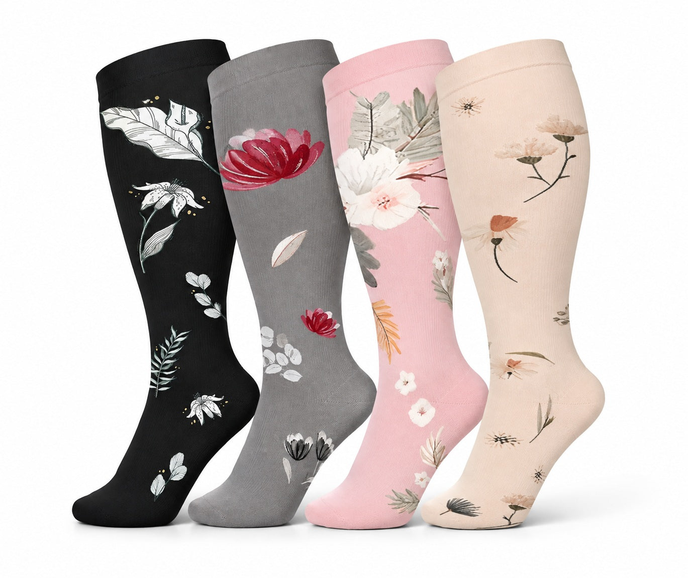 Plus Size Extra Wide Compression Socks 4 Pair Bundle - Floral Contrast four pair assorted color AI product hero on white background