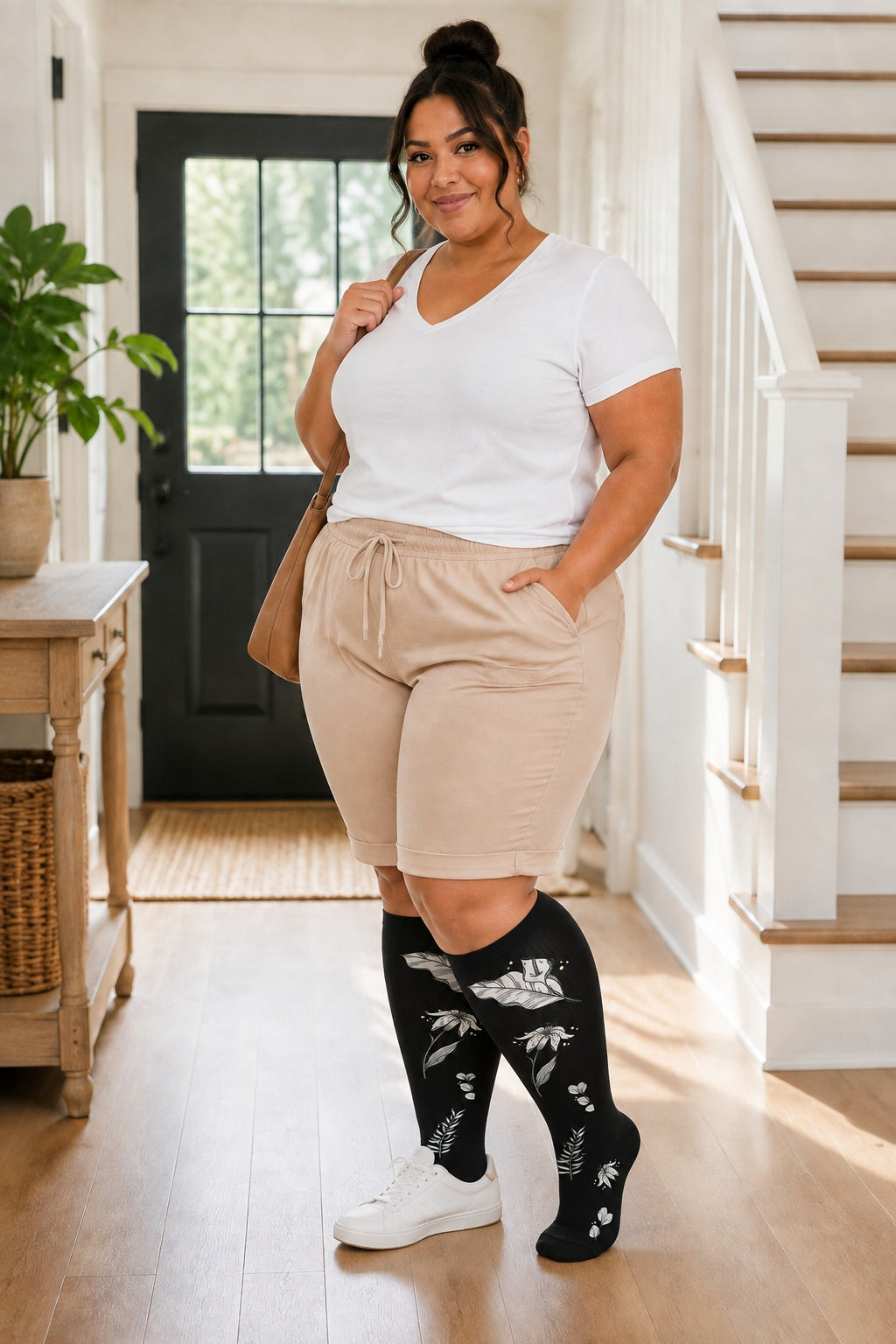 Plus Size Extra Wide Compression Socks 4 Pair Bundle - Floral Contrast plus size AI model scene wearing Black and White Flowers variant