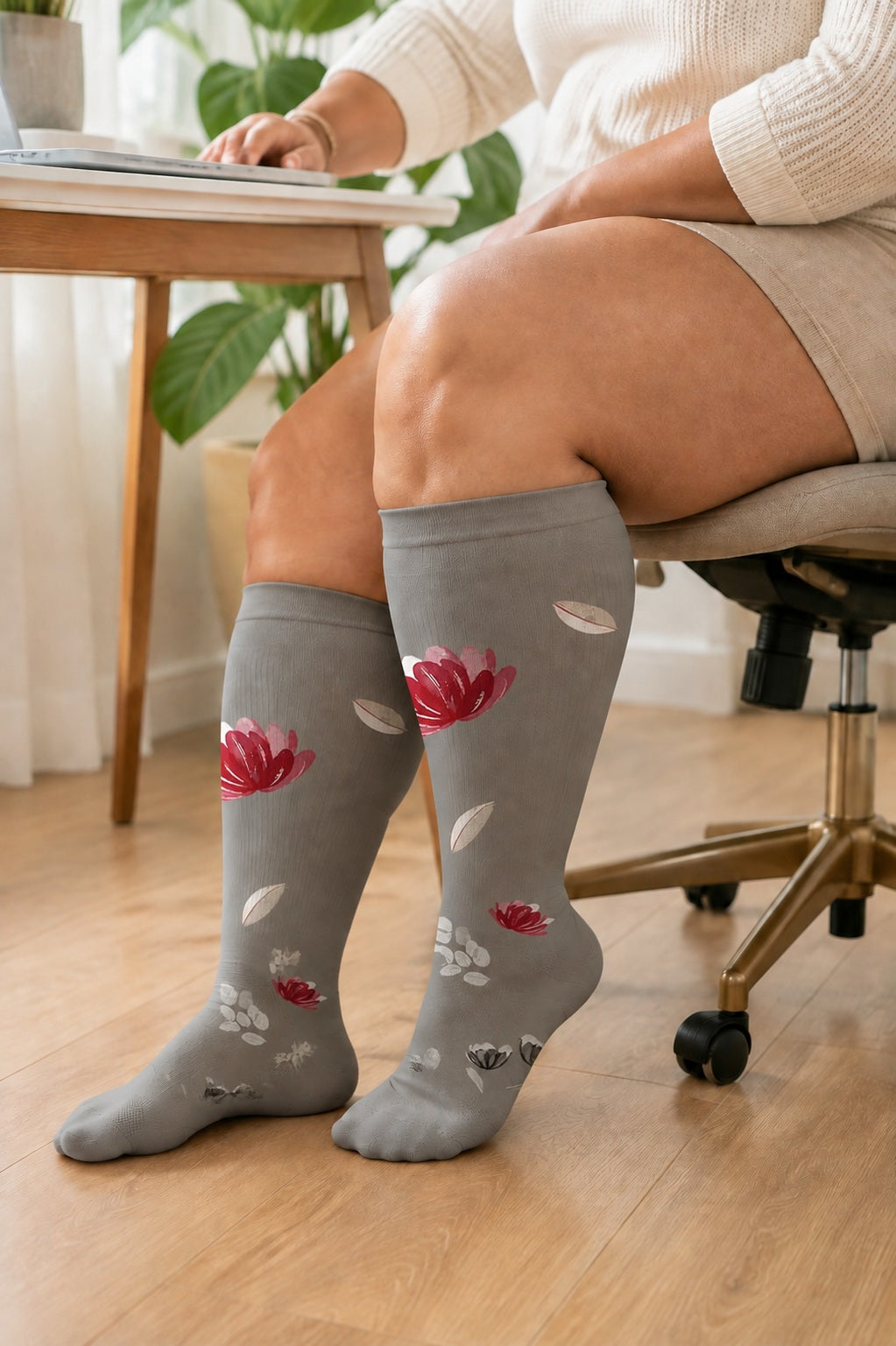 Plus Size Extra Wide Compression Socks 4 Pair Bundle - Floral Contrast plus size AI model scene wearing Gray and Red Flowers variant