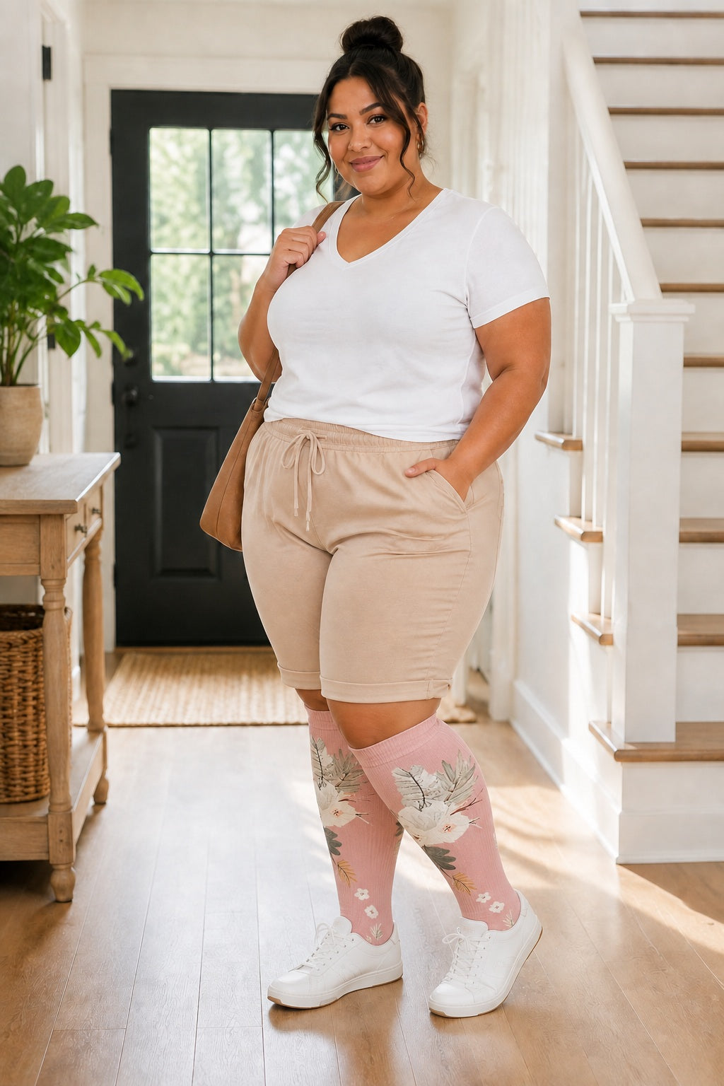 Plus Size Extra Wide Compression Socks 4 Pair Bundle - Floral Contrast plus size AI model scene wearing Pink Base White Flowers variant