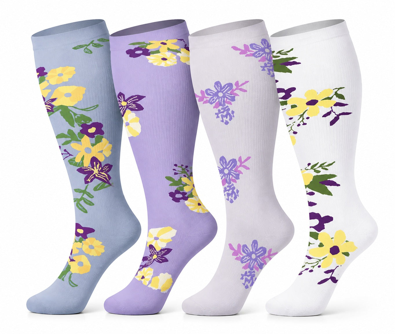 Plus Size Extra Wide Compression Socks 4 Pair Bundle - Garden Flowers four pair assorted color AI product hero on white background