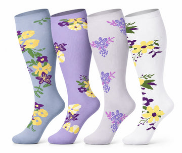 Plus Size Extra Wide Compression Socks 4 Pair Bundle - Garden Flowers four pair assorted color AI product hero on white background