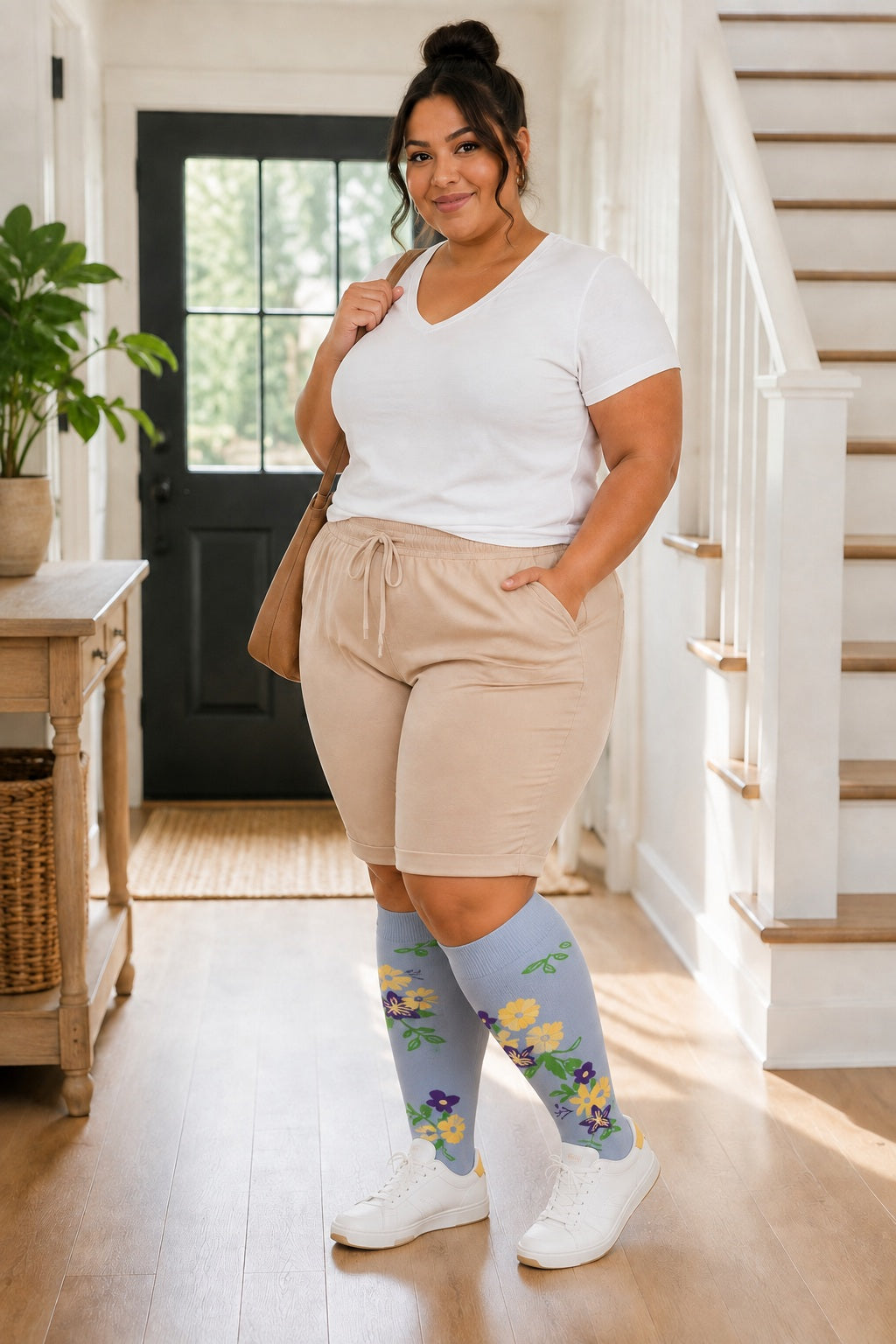 Plus Size Extra Wide Compression Socks 4 Pair Bundle - Garden Flowers plus size AI model scene wearing Gray and Yellow Flowers variant