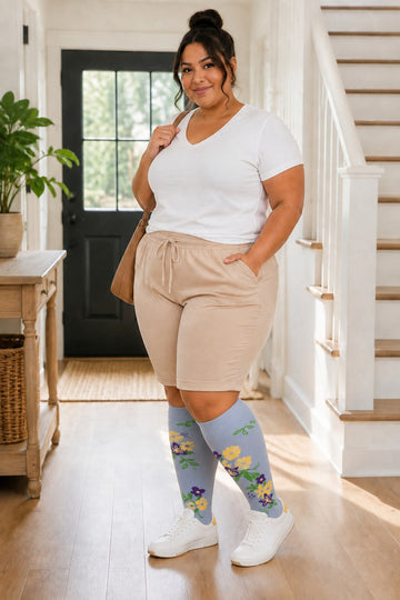 Plus Size Extra Wide Compression Socks 4 Pair Bundle - Garden Flowers plus size AI model scene wearing Gray and Yellow Flowers variant