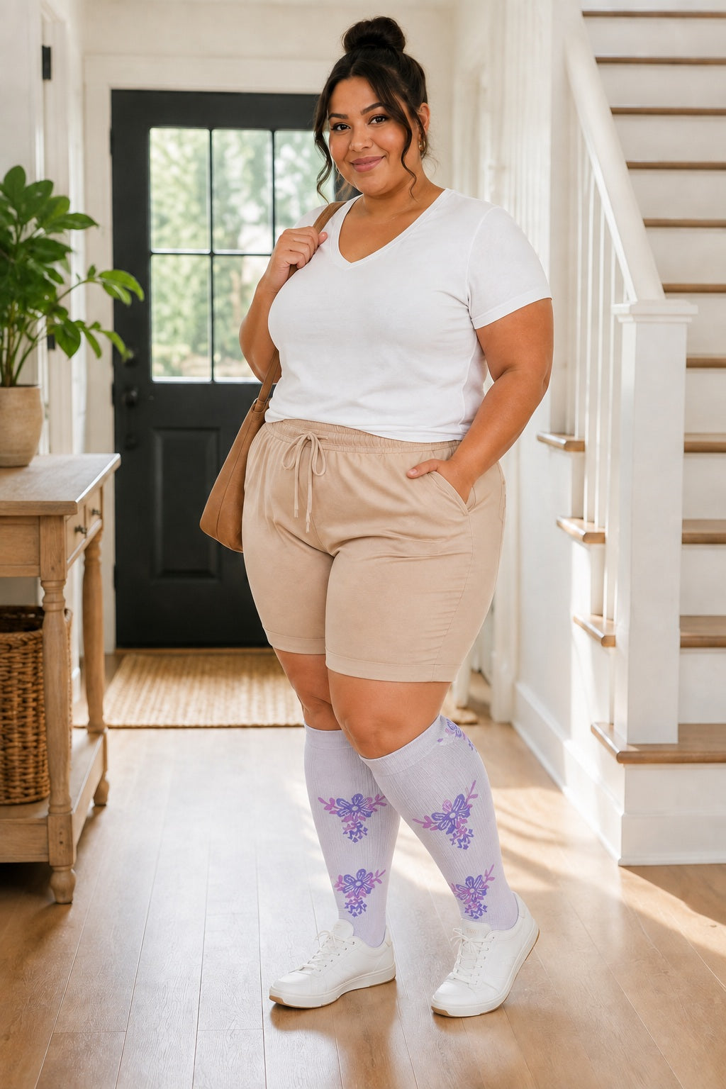 Plus Size Extra Wide Compression Socks 4 Pair Bundle - Garden Flowers plus size AI model scene wearing Light Purple Small Flowers variant