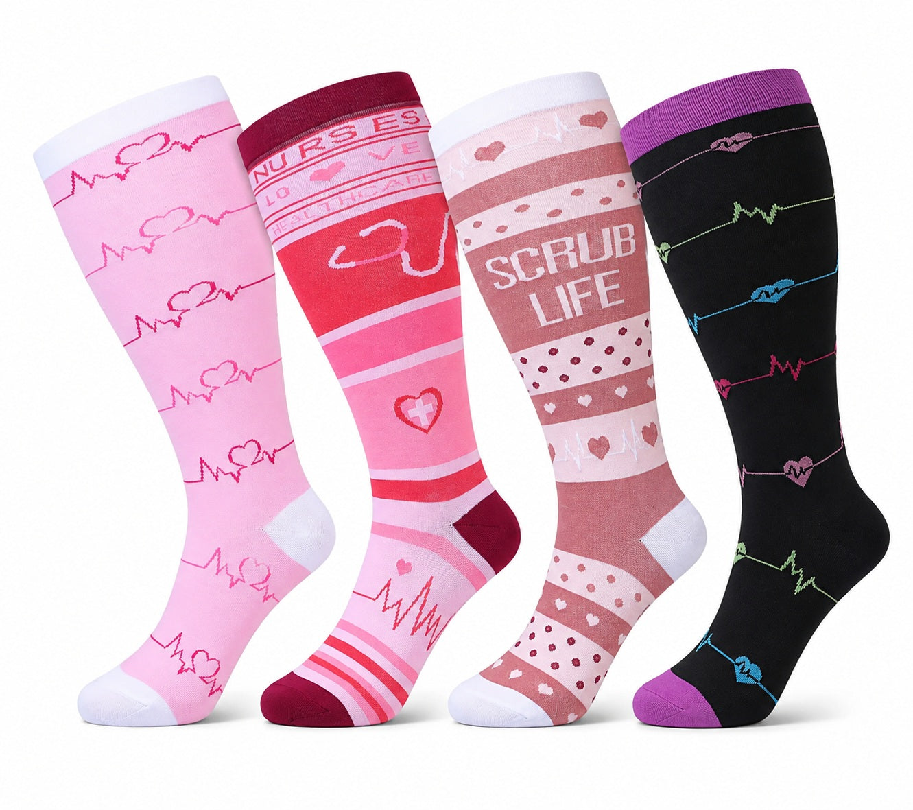 Plus Size Extra Wide Compression Socks 4 Pair Bundle - Pulse Pattern four pair assorted color AI product hero on white background