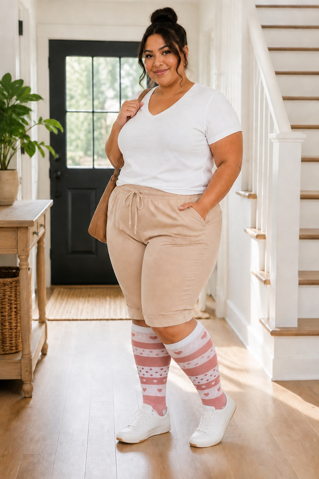Plus Size Extra Wide Compression Socks 4 Pair Bundle - Pulse Pattern plus size AI model scene wearing Letter ECG Pattern variant