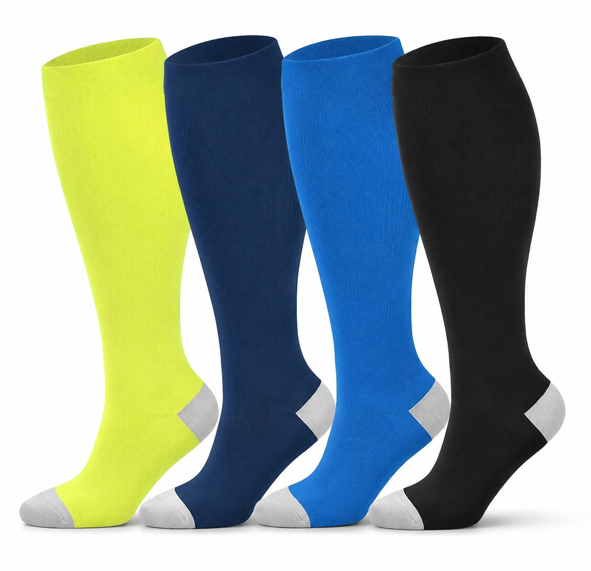 Plus Size Extra Wide Compression Socks 4 Pair Bundle - Contrast Heel four pair assorted color AI product hero on white background