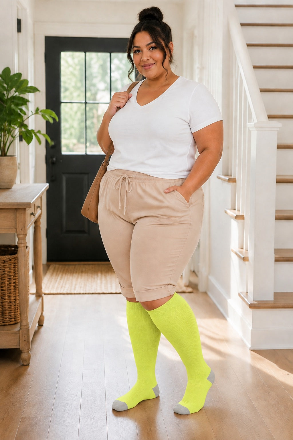 Plus Size Extra Wide Compression Socks 4 Pair Bundle - Contrast Heel plus size AI model scene wearing Neon Green Gray Heel variant