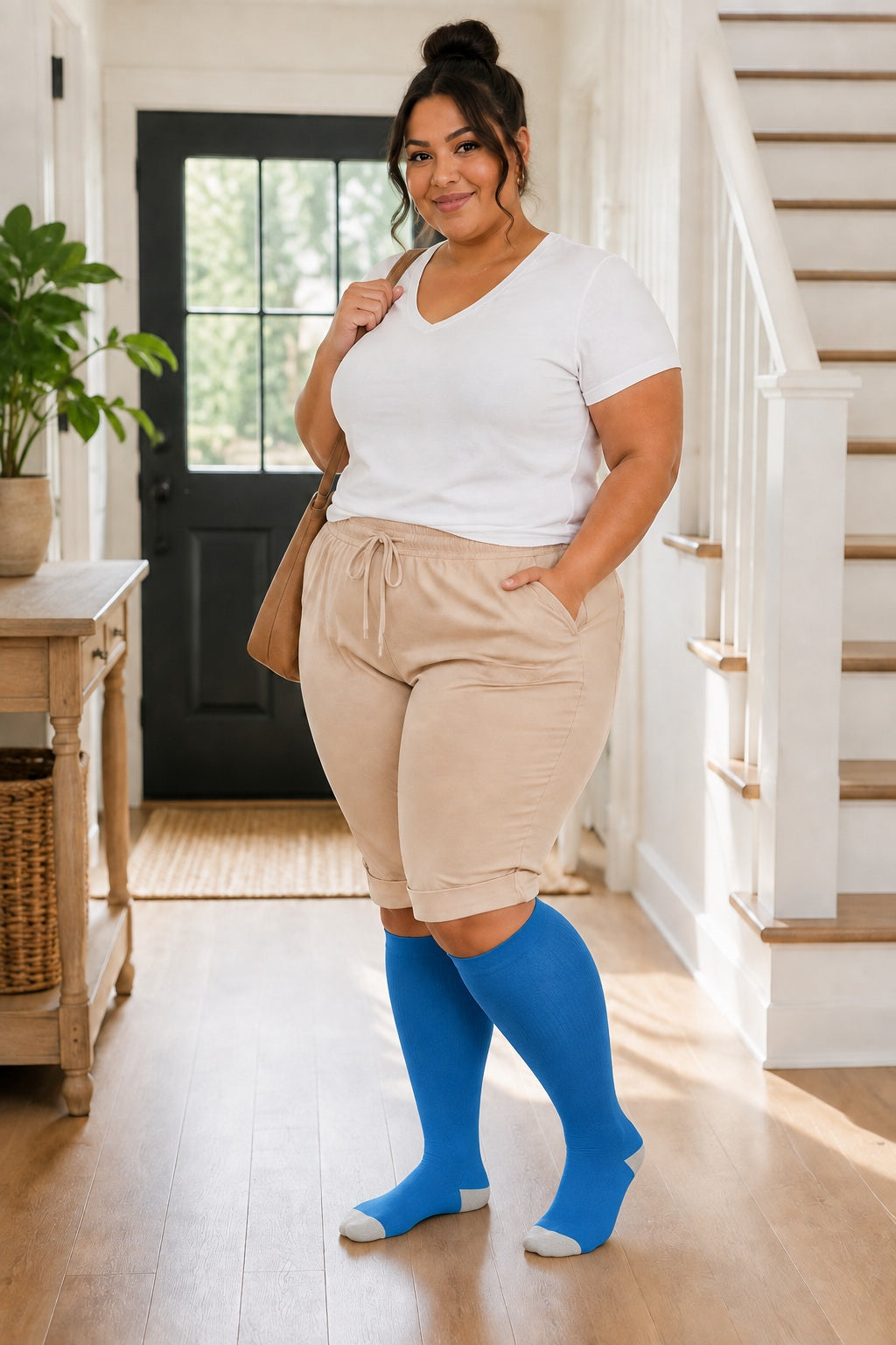 Plus Size Extra Wide Compression Socks 4 Pair Bundle - Contrast Heel plus size AI model scene wearing Royal Blue Gray Heel variant