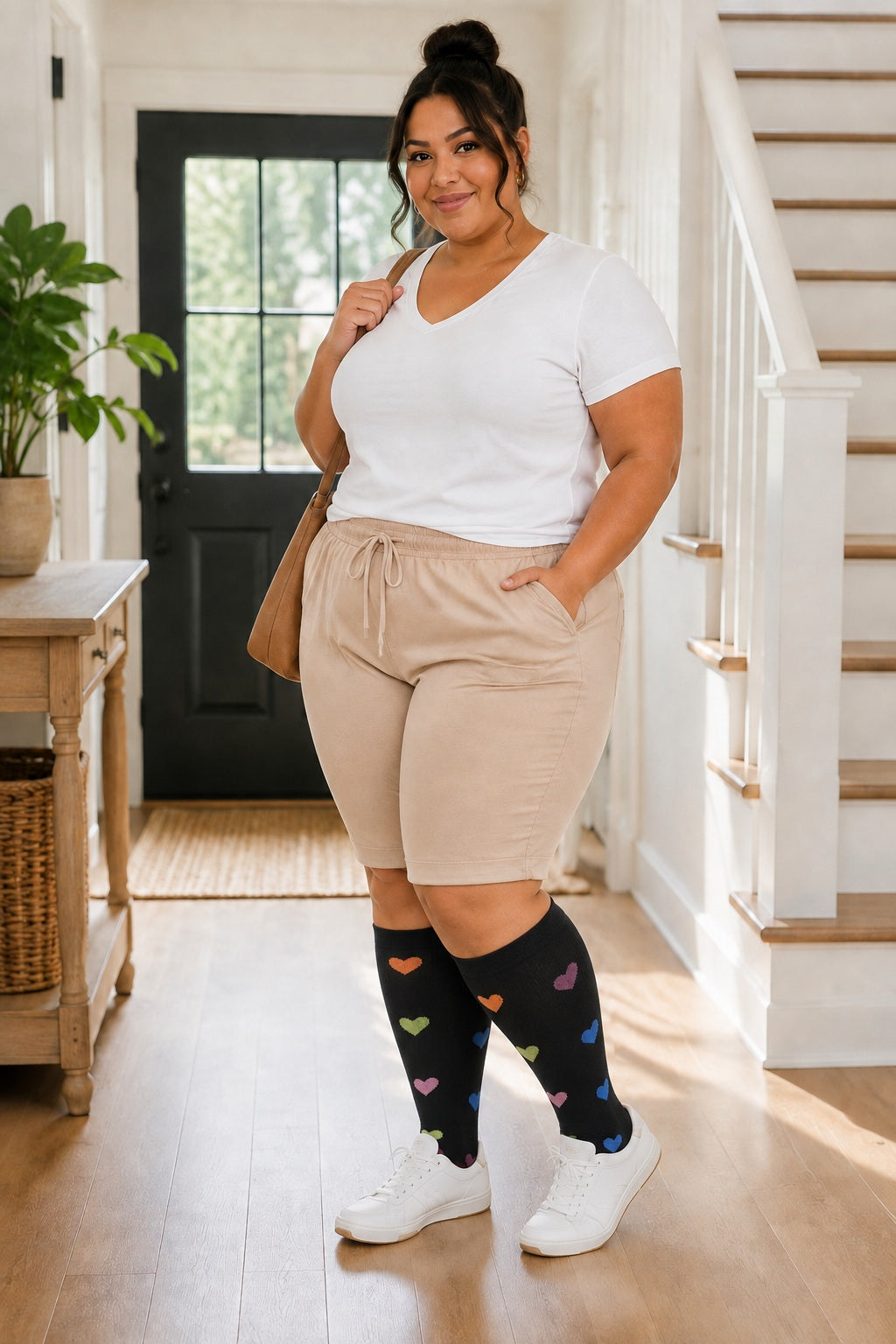 Plus Size Extra Wide Compression Socks 4 Pair Bundle - Heart and Signal plus size AI model scene wearing Black Heart Pattern variant