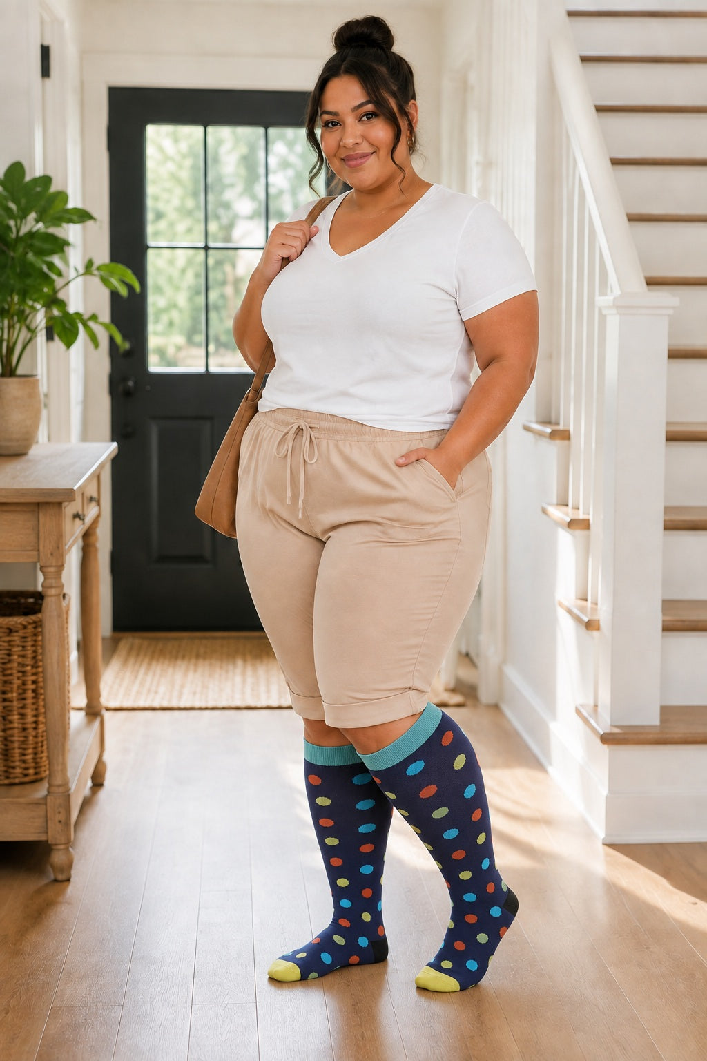 Plus Size Extra Wide Compression Socks 4 Pair Bundle - Heart and Signal plus size AI model scene wearing Colorful Dots variant