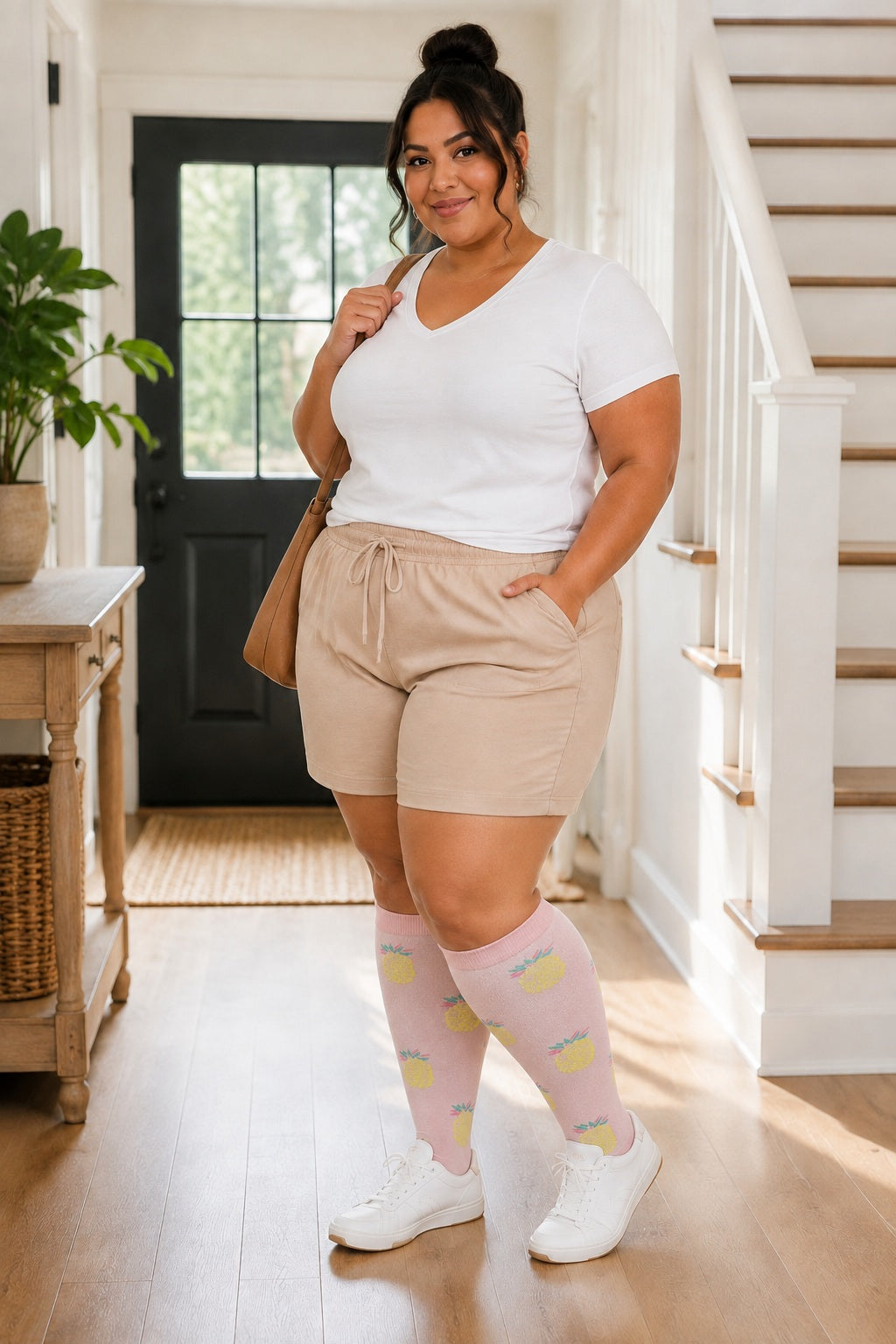 Plus Size Extra Wide Compression Socks 4 Pair Bundle - Playful Pink plus size AI model scene wearing Pink Pineapple variant