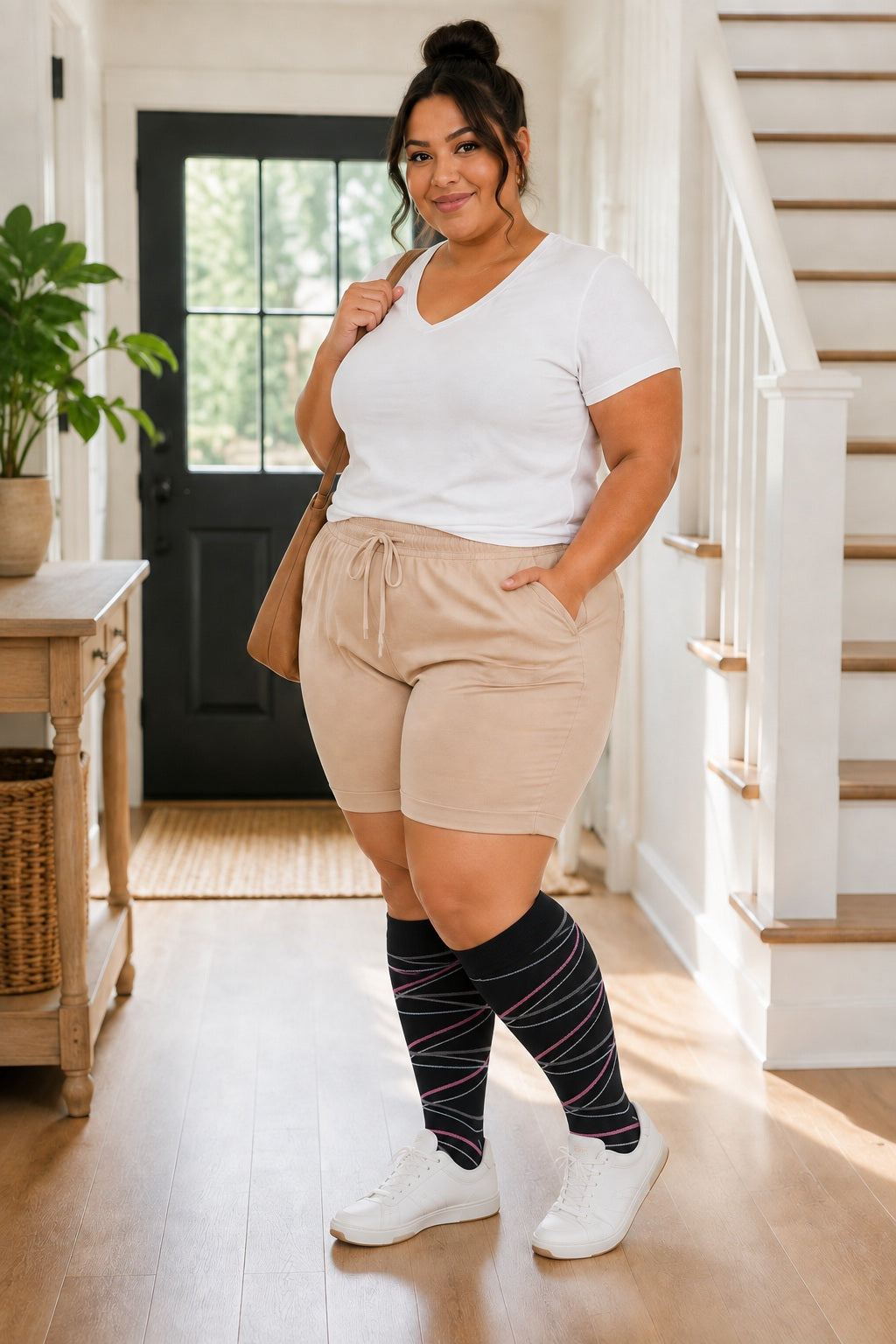 Plus Size Extra Wide Compression Socks 4 Pair Bundle - Playful Pink plus size AI model scene wearing Pink Ribbon variant