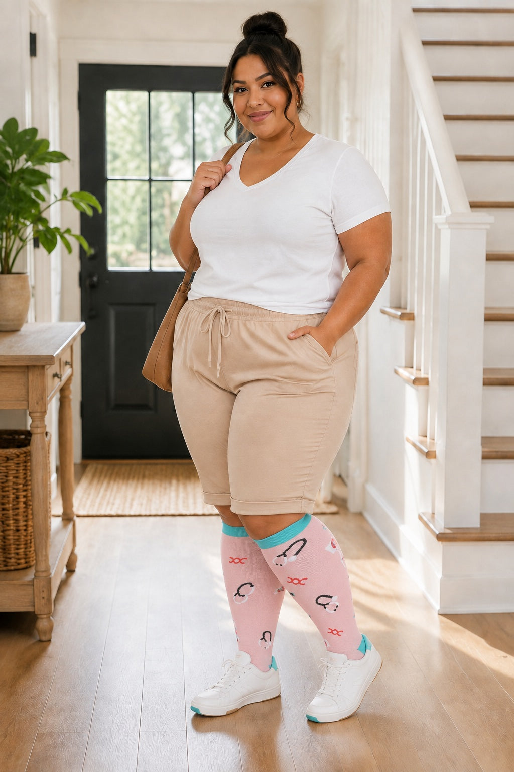 Plus Size Extra Wide Compression Socks 4 Pair Bundle - Color Signal plus size AI model scene wearing Pink Stethoscope Pattern variant