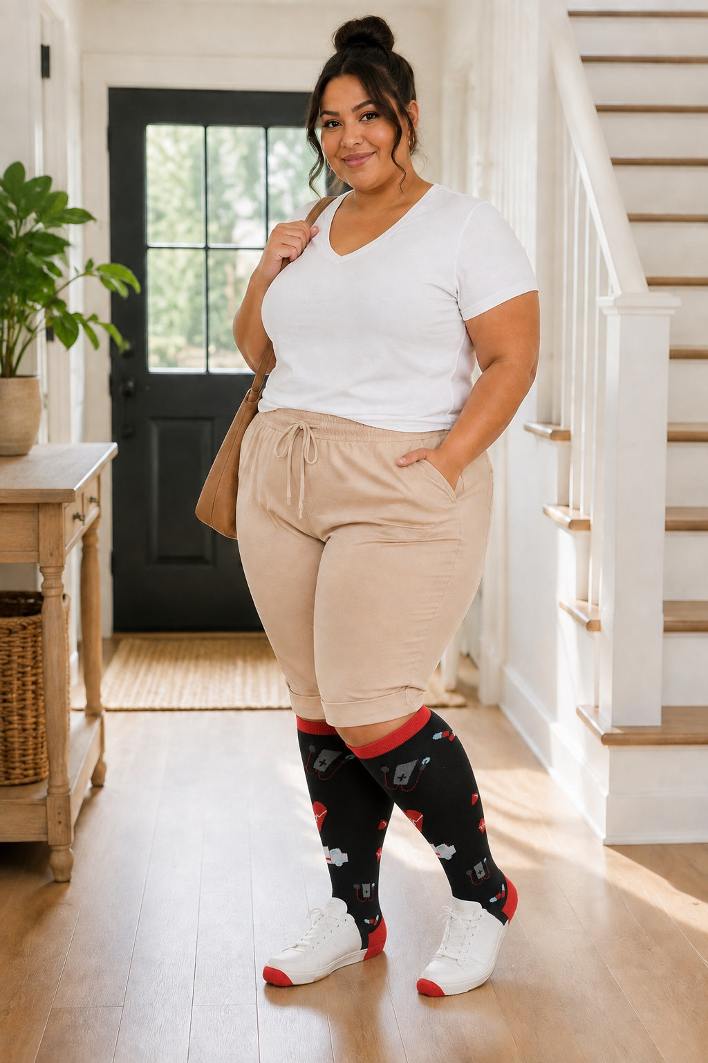Plus Size Extra Wide Compression Socks 4 Pair Bundle - Color Signal plus size AI model scene wearing Black Red Stethoscope Pattern variant