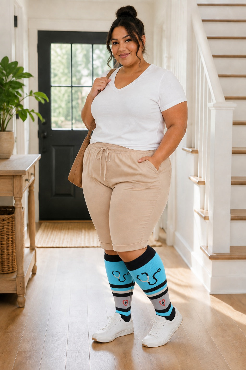 Plus Size Extra Wide Compression Socks 4 Pair Bundle - Modern Mix plus size AI model scene wearing Stethoscope Pattern variant
