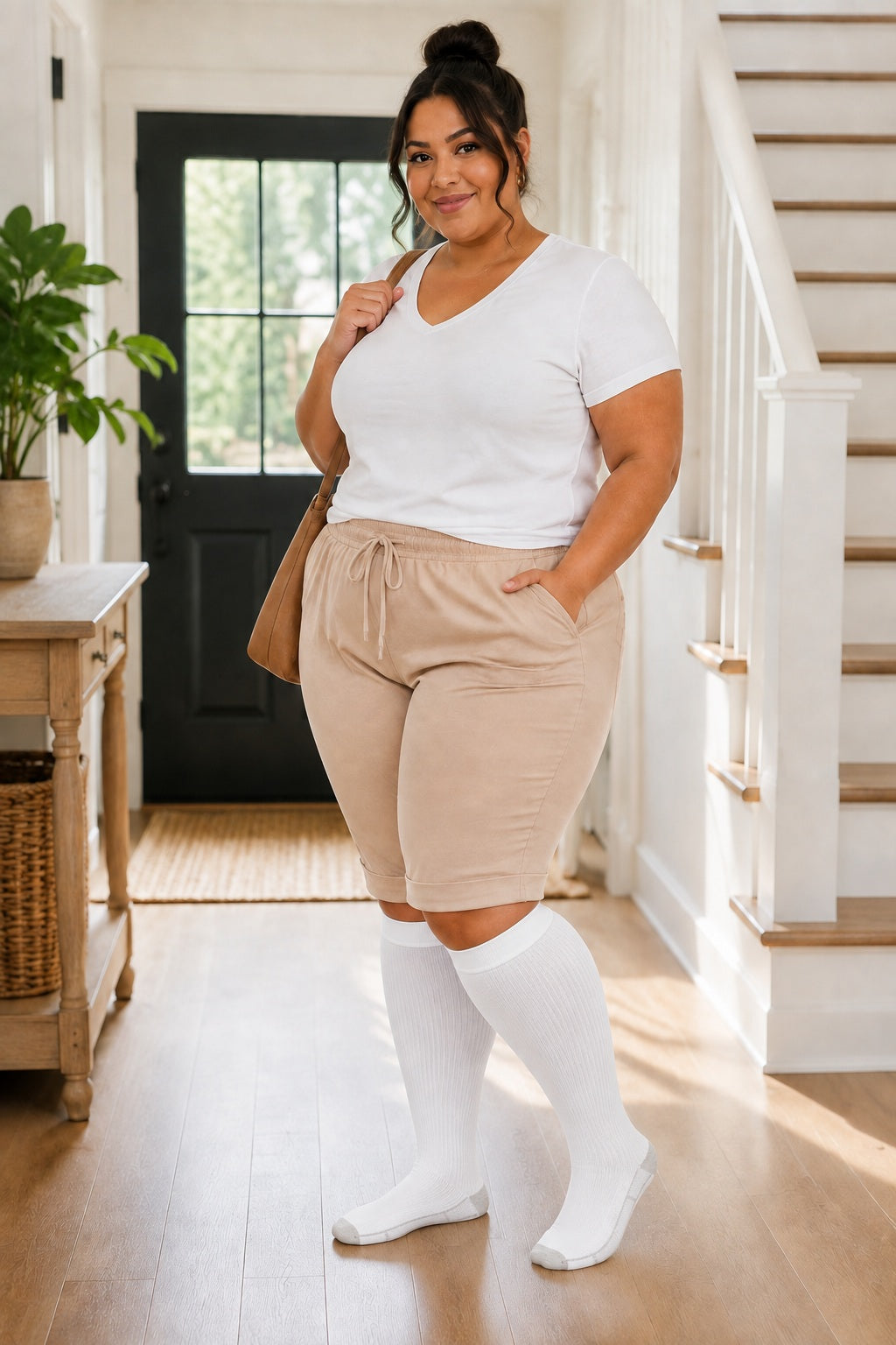 Plus Size Extra Wide Compression Socks 4 Pair Bundle - Modern Mix plus size AI model scene wearing White Gradient variant